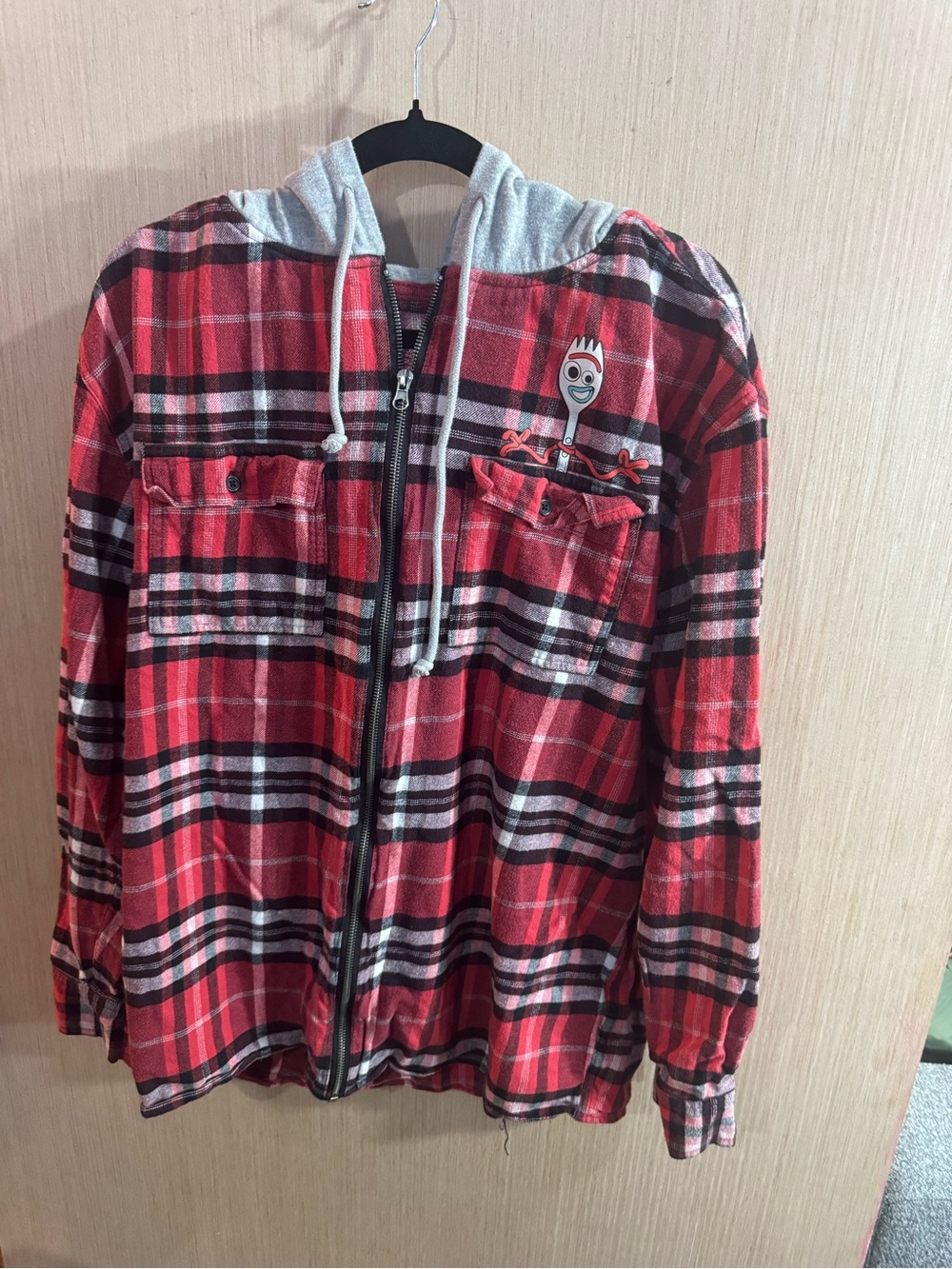 Disney Pixar Forky Red Plaid Zip-Up Hoodie Large Jacket Toy Story